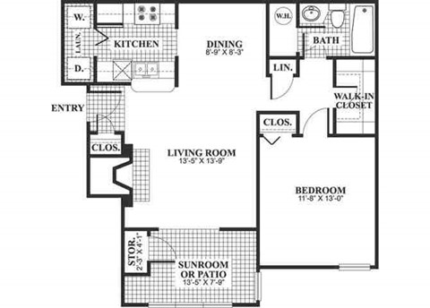Floor plan for 1 bed, 1 bath, 726 sqft